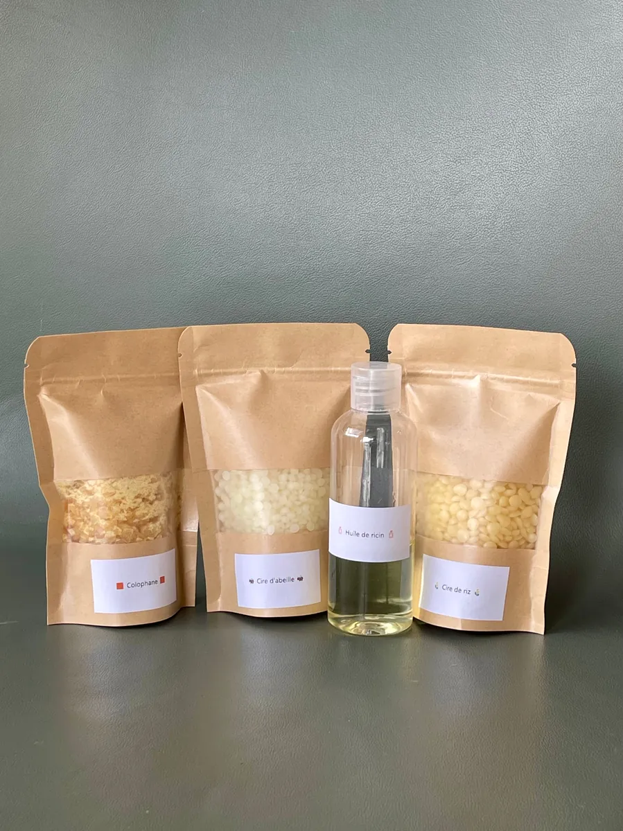 Quatre ingrédients de la wax Glassy : colophane, cire d'abeille, huile de ricin, cire de riz
